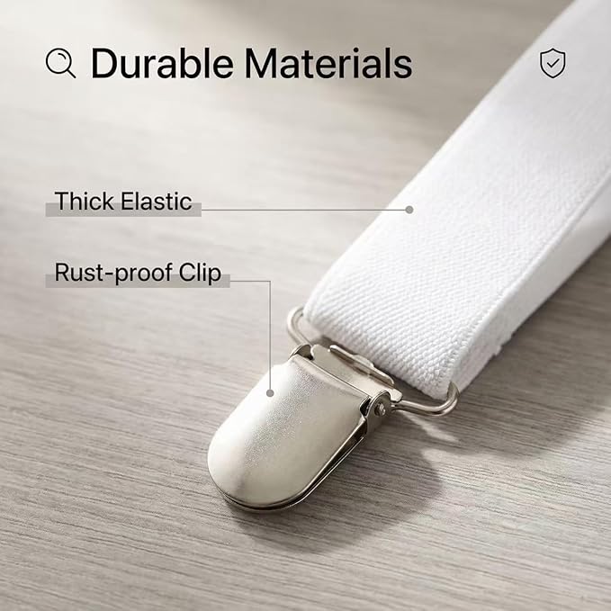Bed Sheet Straps - Adjustable Sheet Suspenders for Queen King Twin Mattress, Elastic Mattress Straps for Sheets with Metal Clips, 4PCS Triangle Sheet Fasteners (White)