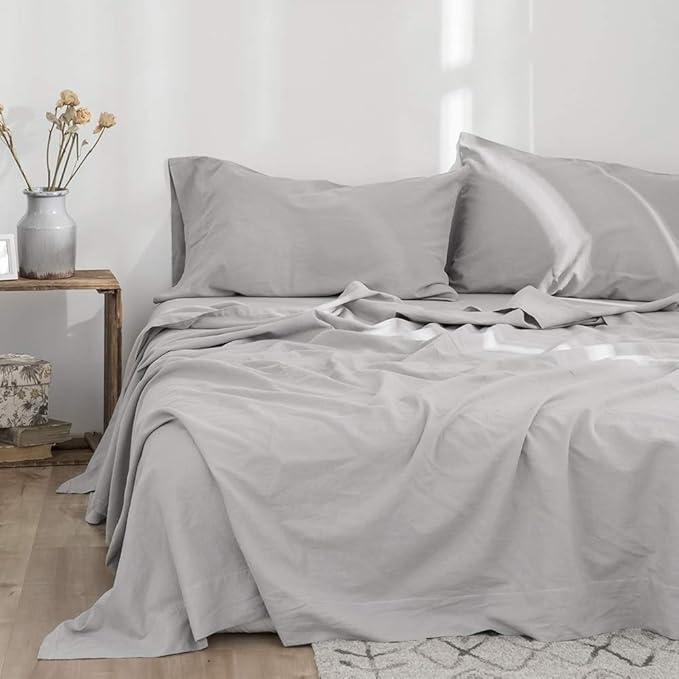 Simple&Opulence Belgian Linen Sheet Set Solid Color - 4 Pieces (1 Flat Sheet, 1 Fitted Sheet & 2 Pillowcases) Natural Flax Cotton Blend Soft Breathable Farmhouse Bedding - King Size, Grey