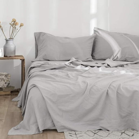 Simple&Opulence Belgian Linen Sheet Set Solid Color - 4 Pieces (1 Flat Sheet, 1 Fitted Sheet & 2 Pillowcases) Natural Flax Cotton Blend Soft Breathable Farmhouse Bedding - King Size, Grey