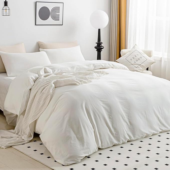 JELLYMONI White Duvet Cover Oversized King Size - 100% Washed Cotton Lightweight Cooling Comforter Cover, 3 Pieces Soft Bedding Set with Zipper Closure (Off White, 120"x98")