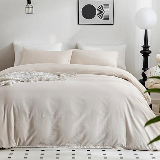 JELLYMONI Beige Duvet Cover Twin Size - 100% Washed Cotton Linen Feel Textured Comforter Cover, 2 Pieces Breathable Soft Bedding Set with Zipper Closure (Beige, Twin 68"x90")