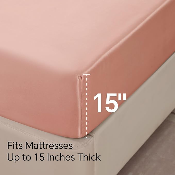 BEDELITE Satin Sheets Queen Size Bed Set, Luxury Soft Coral Pink Silky Sheets for Hair and Skin, Similar to Silk Bed Sheet Set 4 Pieces with 1 Deep Pocket Fitted Sheet, 1 Flat Sheet, and 2 Pillowcases