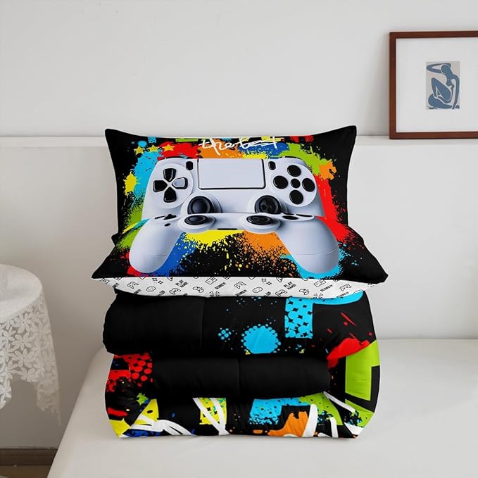 Gamer Comforter Sets for Boys Kids Gaming Comforter Twin Size Teens Girls Colorful Rainbow Tie Dye Decor Video Games Controller Bedding Set Young Men Player Reversible Quilt Set for All Season 2Pcs