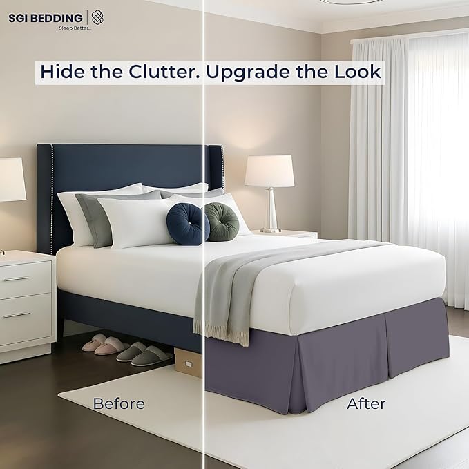 SGI Bedding 15 inch Drop Bed Skirt Full Size Platform Style with Secure Fit, Classic Tailored Look, Elegant Pleated Style Dust Ruffle, Split Corners, Wrinkle Resistant Microfiber - Dark Grey