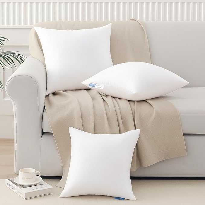 Leeden 16x16 Pillow Inserts Pack of 2, 16 Inch Decorative Throw Pillow Inserts, Soft Fluffy Square Throw Pillows for Couch, Sofa, Bed, and Home Decor White Cushion