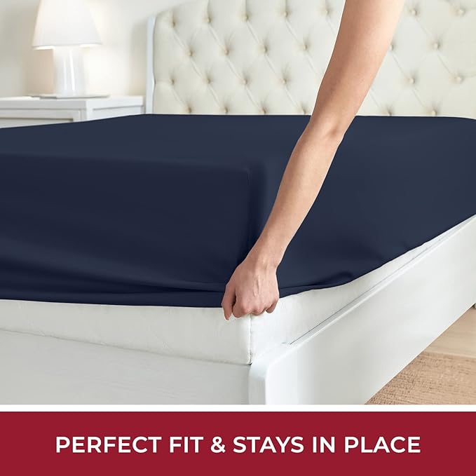 Mellanni California King Fitted Sheet - Iconic Collection Bedding Sheets with up to 16 inch Deep Pocket - Soft & Cooling - Fade & Stain Resistant - 1 PC (Cal King, Navy Blue)