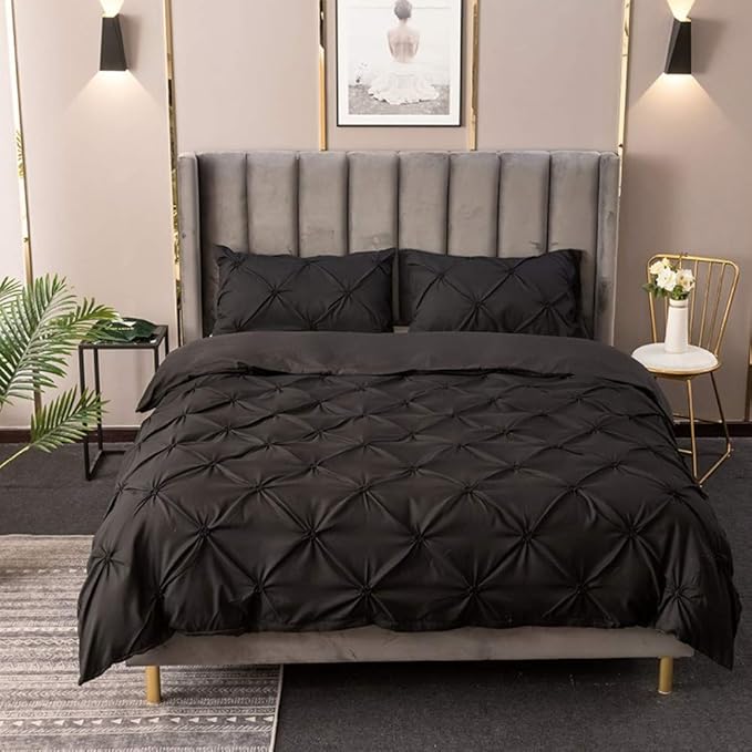 Feelyou Pinch Pleated Duvet Cover with Zipper Closure Pintuck Comforter Cover Set Twin Size Luxurious Pintuck Tufted Bedding Set Solid Black Microfiber Bedspread Cover with 1 Pillow Shams Soft