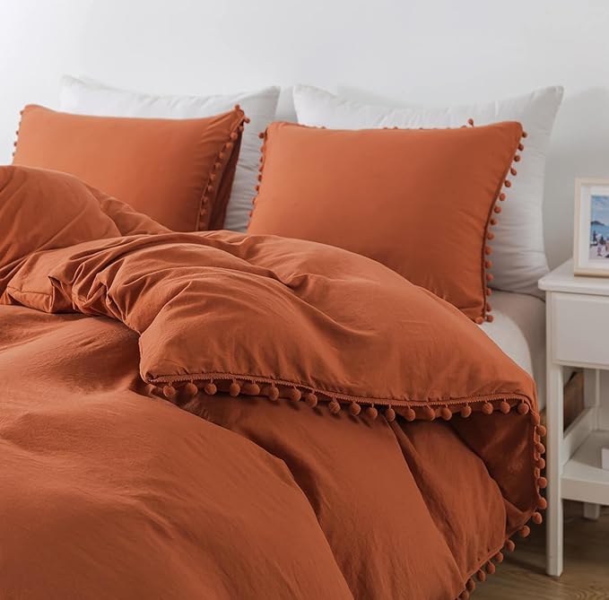 TanNicoor Pom Fringe Duvet Cover Set - 3 Piece Natural Ultra SOFE Color Washed Microfiber Bedding Set, Modern Style Down Comforter Quilt Cover with Zipper Closure(Full, Terracotta)