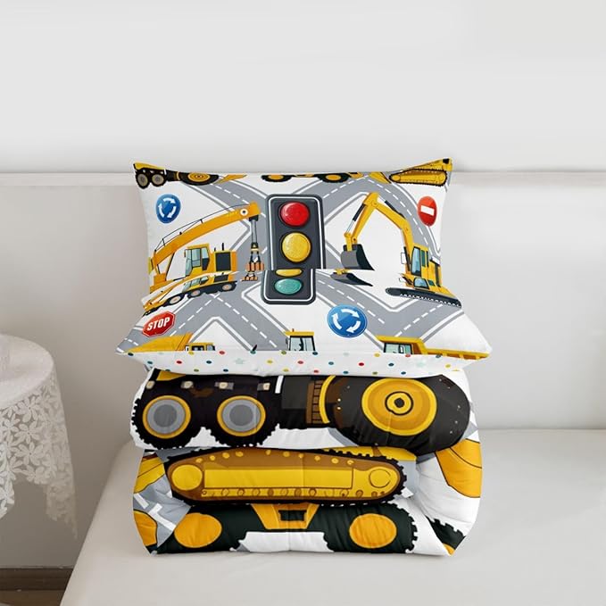 Cartoon Construction Excavator Bedding Set for Kids Boys Children Vehicles Truck Car Comforter Decor Machinery Bulldozer Crane Style Comforter Set Nursery Duvet Set Full Size Bedspreads Coverlet Sets