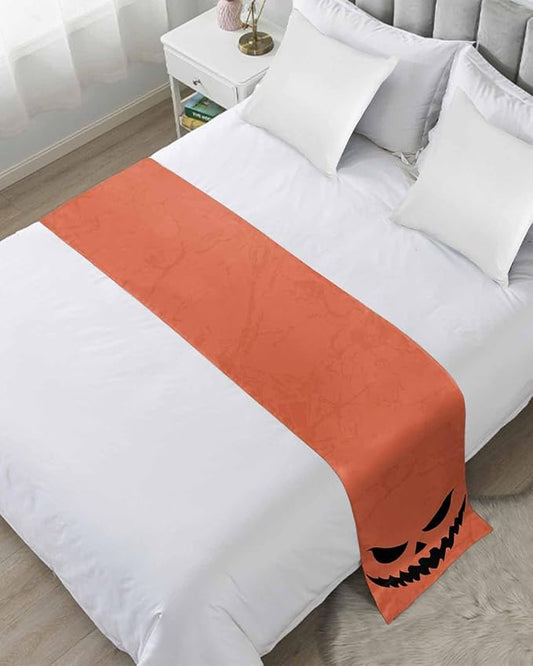 Halloween Black Ghost Scary Face Bed Runners for Bedroom Hotel,Decorative Bedding Scarf Horror Element on Orange Bed End Blanket Bedding Runner Scarves for King Size Bed,102x20in