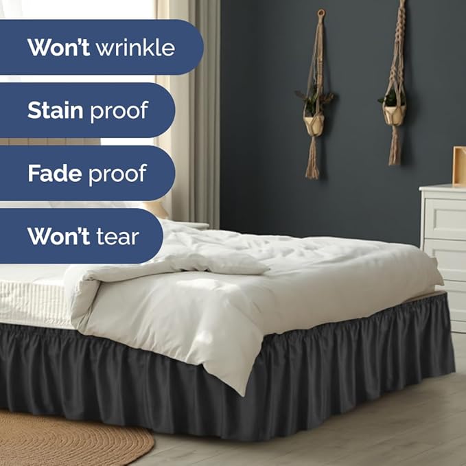 Wrap Around Dust Ruffle Bed Skirt - Black - for Queen Size Beds with 21 Inch Drop - Easy Fit Elastic Strap - Adjustable Pleated Bedskirt w/Brushed Fabric - Wrinkle Free - for Women, Men, Kids & Teens