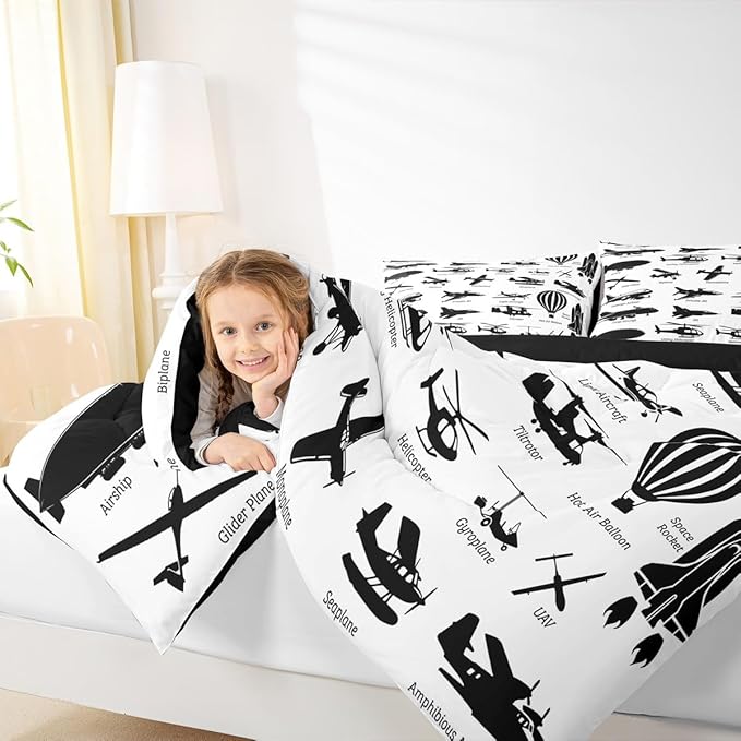 Erosebridal Airplane Comforter Set Full,Black White Airplanes Bedding Set Space Rocket Aircraft Down Comforter for Boys Kids Teens Room Decor,Helicopter Biplane Quilt Duvet Sets with 2 Pillow Cases
