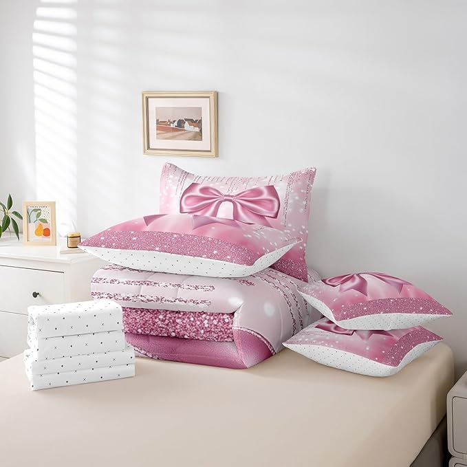 Feelyou Kids Pink Bowknot 7 Pieces Bedding Set Full Size, Dreamy Princess Comforter Set with Sheets Boys Girls Glitter Bed in A Bag Watercolor Bow Teens Bed Set Bedroom Decor 7Pcs