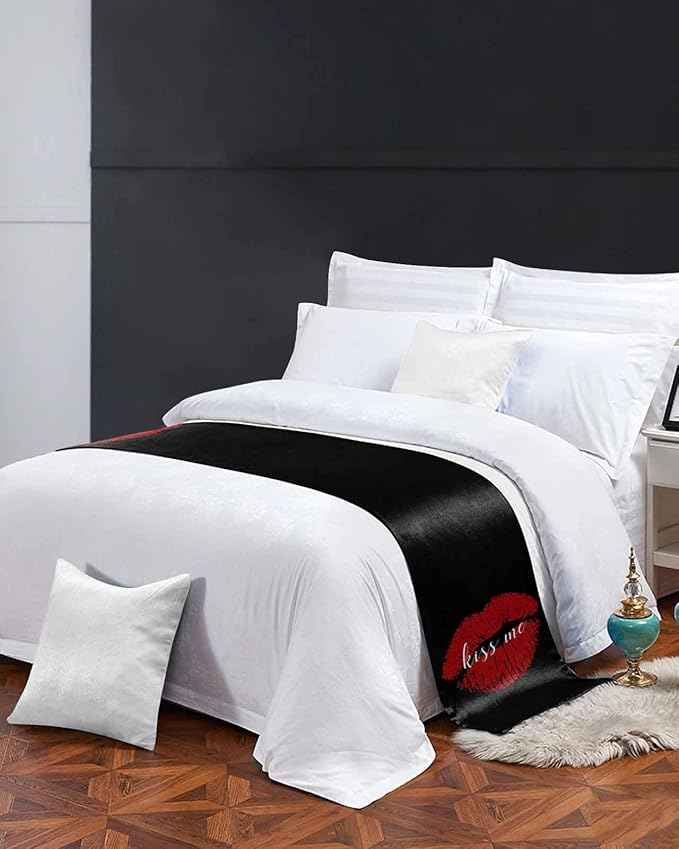 Red Lip Print Kiss Me Bed Runners for Bedroom Hotel,Decorative Bedding Scarf Black Back Bed End Blanket Bedding Runner Scarves for Twin Size Bed,71x20in