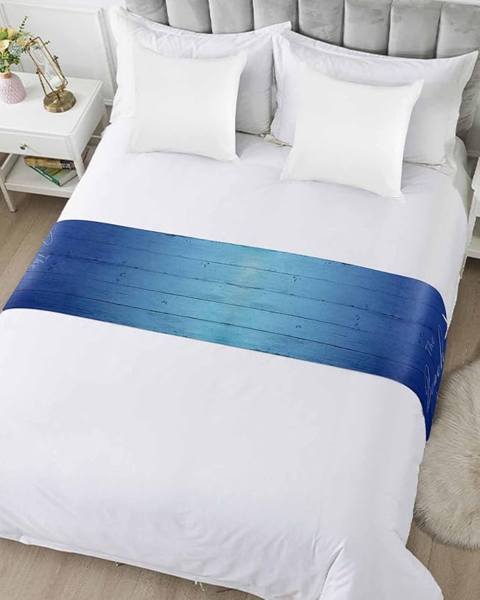 Happy Beach Place Marine Starfish Bed Runners for Bedroom Hotel,Decorative Bedding Scarf Gradient Blue Wood Grain Bed End Blanket Bedding Runner Scarves for Queen Size Bed,94x20in