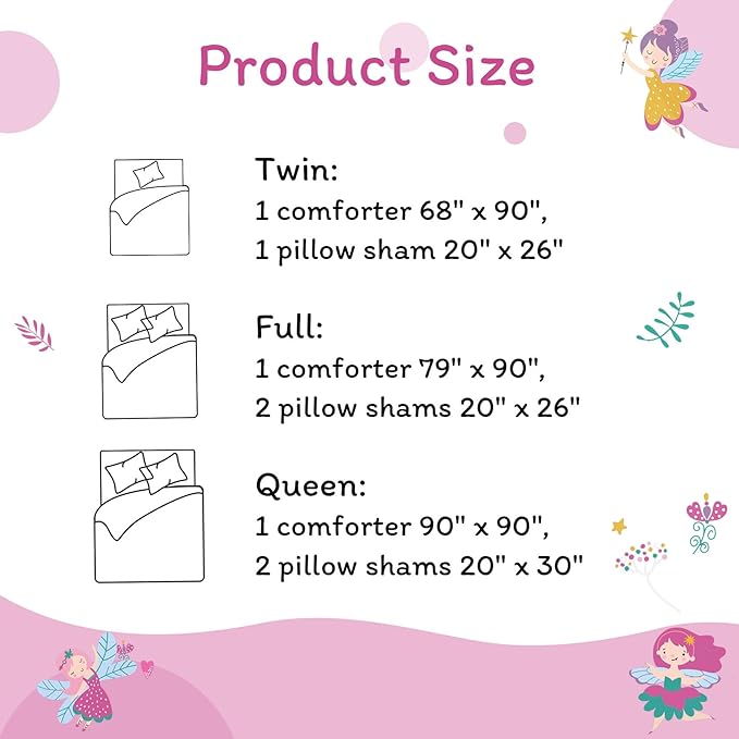 JSD Fairy Kids Comforter Set Queen Size, 3 Piece Girls Floral Printed Microfiber Bedding Set, Machine Washable
