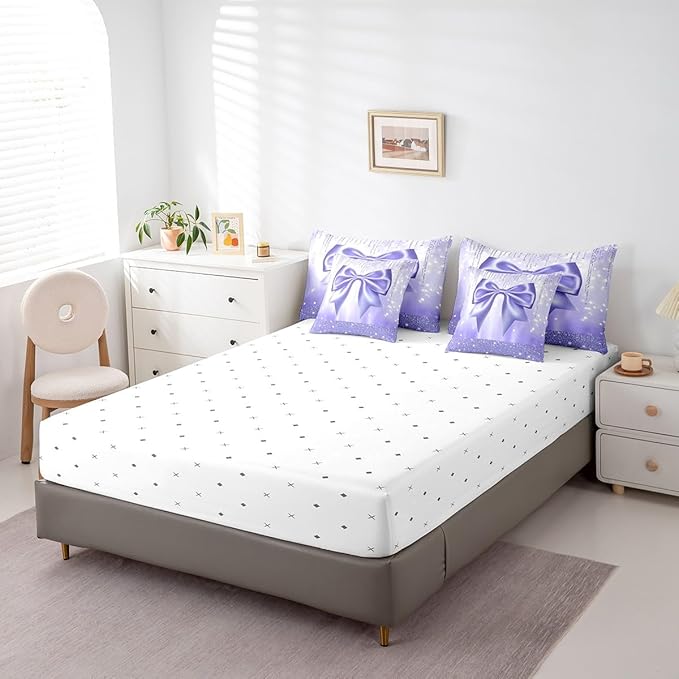 Feelyou Kids Cute Bowknot 7 Pieces Bedding Set King Size, Dreamy Princess Bed in A Bag Boys Girls Glitter Comforter Set with Sheets Watercolor Bow Teens Bed Set Bedroom Decor 7Pcs