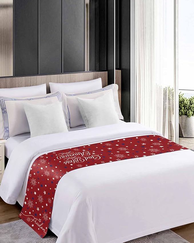 Independence Day Blue White Star Bed Runners for Bedroom Hotel,Decorative Bedding Scarf Freedom Celebration on Red Bed End Blanket Bedding Runner Scarves for King Size Bed,102x20in