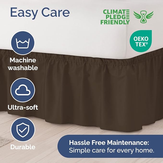 Wrap Around Dust Ruffle Bed Skirt - Brown - Twin/Twin XL Size Beds with 12 Inch Drop - Easy Fit Elastic Strap - Adjustable Pleated Bedskirt w/Brushed Fabric - Wrinkle Free - Women, Men, Kids & Teens