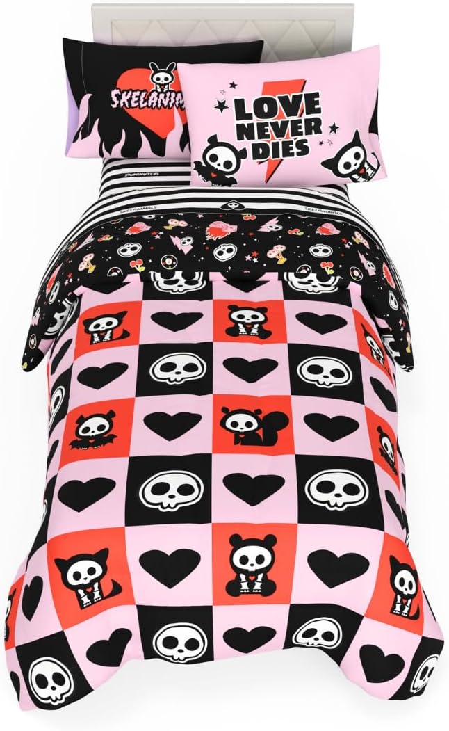 Skelanimals Bedding 5 Piece Twin Bed Set, Soft Checkered Comforter and Sheet Set with Sham, Kit The Cat, (Officially Licensed Product) by Franco Collectibles