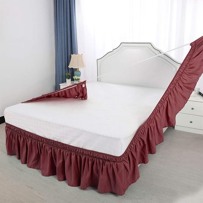 Bed Skirt - Wrap Around Bed Skirts Elastic Dust Ruffles, Easy Fit Wrinkle and Fade Resistant Luxurious Fabric Solid Color, Burgundy RV Bunk 42X80 Size Beds 15 Inch Drop
