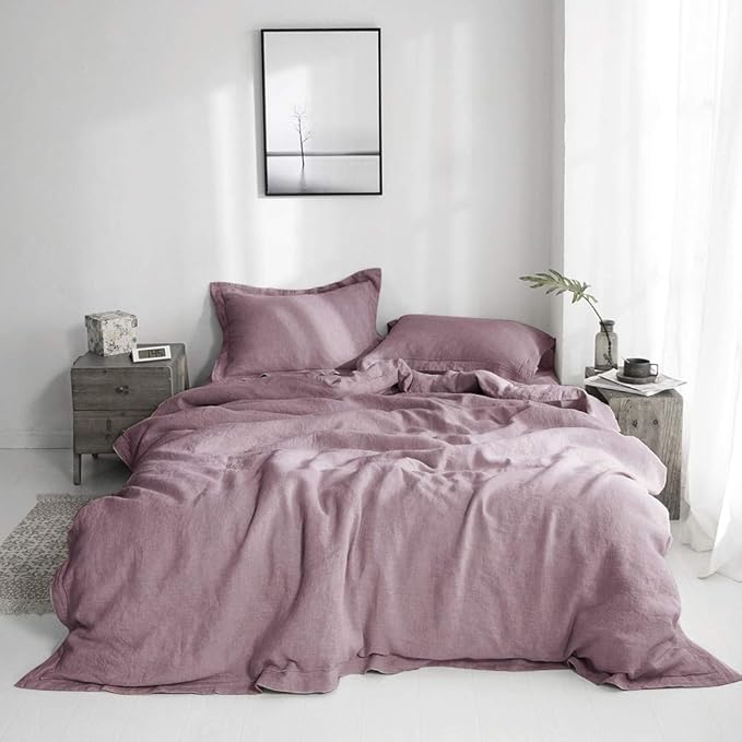 Simple&Opulence 100% Washed Linen Duvet Cover with Embroidered, 3 Pieces Soft Farmhouse Comforter Set with Button Closure,1 Duvet Cover and 2 Pillowshams(King,Purple)