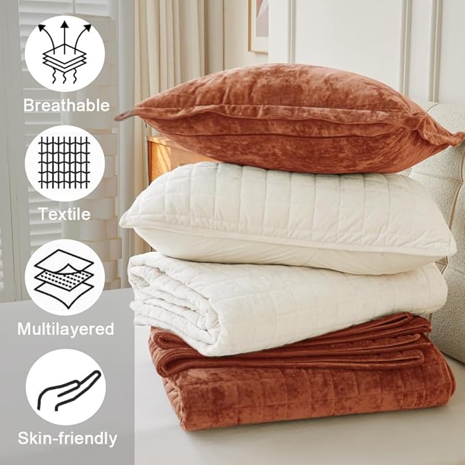 Luxurious Velvet Quilt King Size Set 98" x106" Ultra Soft Bedding Set Quilted Bedspread Coverlet with 2 Matching Pillow Shams for All Seasons,Rust