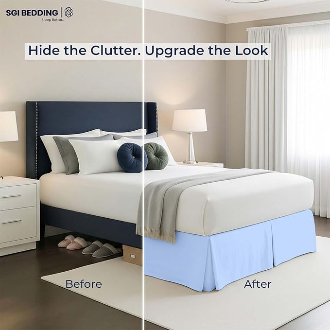 SGI bedding 12 inch Drop Bed Skirt Twin Size - Platform Style with Secure Fit, Classic Tailored Look, Elegant Pleated Style Dust Ruffle, Split Corners, Wrinkle Resistant Microfiber - Light Blue