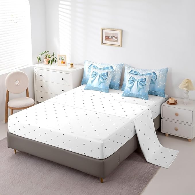 Feelyou Kids Cute Bowknot 7 Pieces Bedding Set King Size, Dreamy Princess Comforter Set with Sheets Boys Girls Glitter Bed in A Bag Blue Bow Teens Bed Set Bedroom Decor 7Pcs