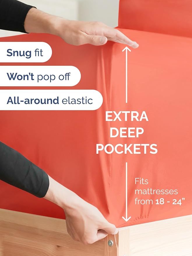 Extra Deep Queen Sheet Set - 6 Piece Breathable and Cooling Sheets - Hotel Luxury Bedding for Women, Men, Kids & Teens - Easy & Secure Fit - Soft, Wrinkle Free and Comfy - Extra Deep Pockets - Coral