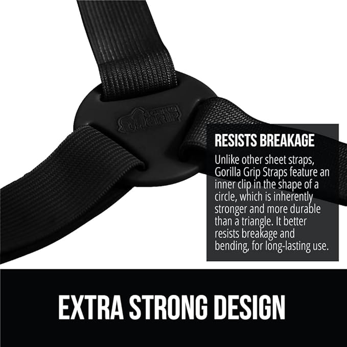 GORILLA GRIP Patent Pending Bed Sheet Holders, Adjustable Elastic Fasteners with Metal Clips, Keep in Place Fitted Bedding Straps, Firm Tight Suspenders for Mattress, US Designed, 4 Pack Black