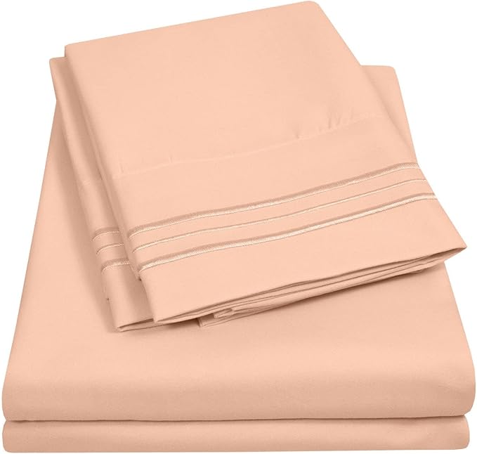 Full Size Sheet Set with Built-in Sheet Straps - Deep Pocket Fitted Sheet, Flat Sheet & Pillowcases - Soft, Wrinkle-Free, Secure Fit - Peach