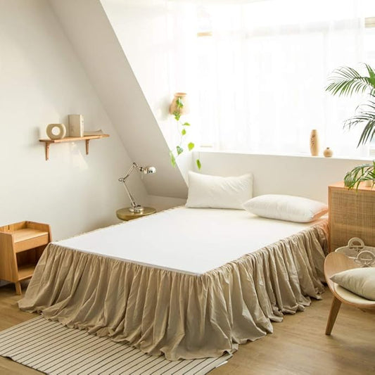 BISELINA French Linen Bed Skirt with Pleated Frills 18-Inch Tailored Drop Natural Flax Cotton Blend Dust Ruffle Soft Cozy Farmhouse Bedding (18" Queen, Ruffle Linen)