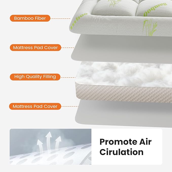 NEWBULIG Queen Mattress Topper Viscose Derived from Bamboo, Thick Pillow Top Mattress Pad with Stretchable Pockets, Soft Mattress Topper for Back Pain Relief