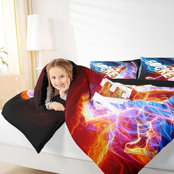 Ice Hockey Comforter Set King, Puck Hockey Player Bedding Sets for Kids Boys Girls Teens, Red Blue Lightening Duvet Insert, Winter Sports Game Down Comforter Bedroom Decor for All Season, 3 Pieces