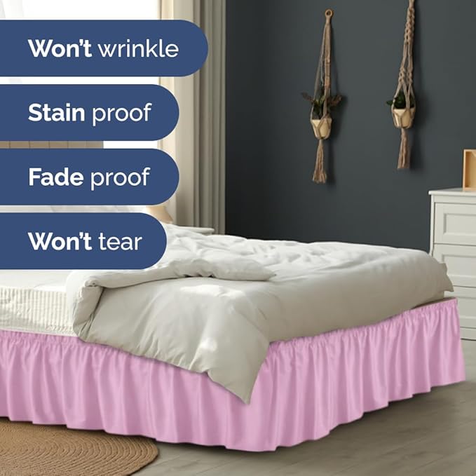 Wrap Around Dust Ruffle Bed Skirt - Light Pink - for King Size Beds with 18 Inch Drop - Elastic Strap - Adjustable Pleated Bedskirt with Brushed Fabric and Wrinkle Free - for Women, Men, Kids & Teens