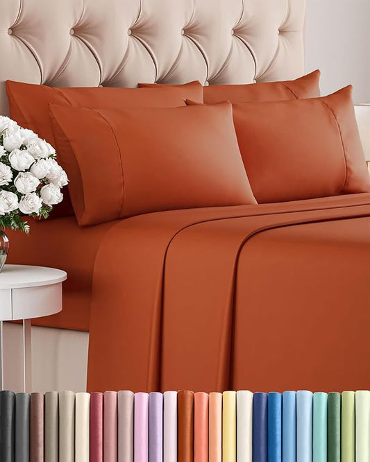 King 6 Piece Sheet Set - Comfy Breathable & Cooling - Ultra-Soft Hotel Luxury Bedding Set with 8-16 Inch Deep Pockets - 1 Flat & 1 Fitted Sheet & 4 Pillowcases - Wrinkle Free & Easy Care - Terracotta