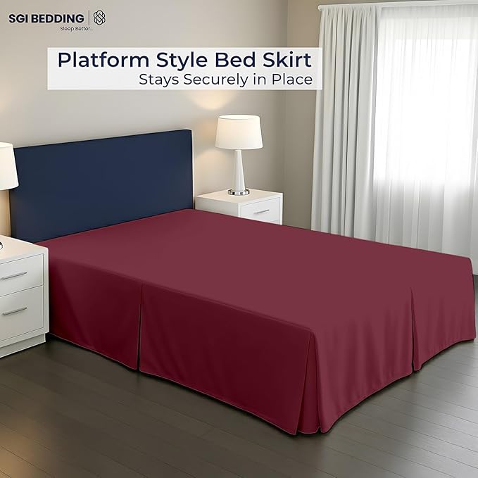SGI Bedding 11 inch Drop Bed Skirt King Size - Platform Style with Secure Fit, Classic Tailored Look, Elegant Pleated Style Dust Ruffle, Split Corners, Wrinkle Resistant Microfiber - Burgundy