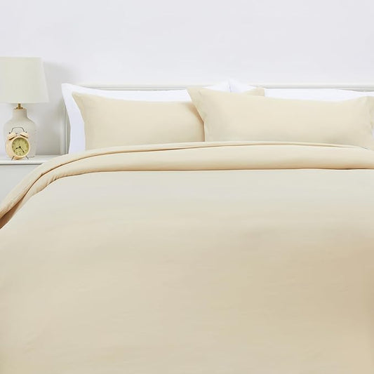 Amazon Basics Lightweight Microfiber 3-Piece Duvet Cover Set with Zipper Closure, King, Beige, Solid