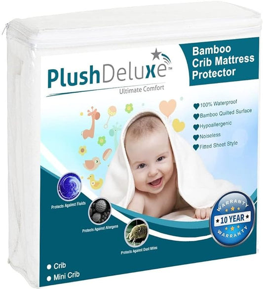 Crib Mattress Protector 100% Waterproof, Noiseless – Viscose Made from Quilted Ultra Soft White Terry Fitted Sheet Style (28"x49")