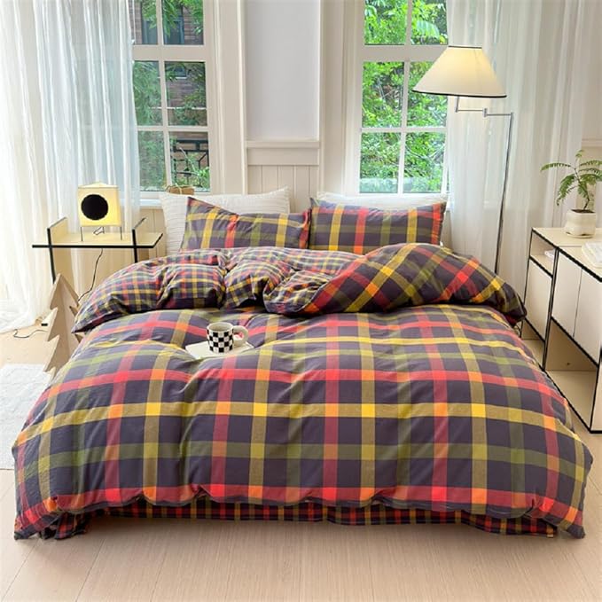Multicolor Plaid Queen Size Comforter Set Modern Style Checkered Pattern Comforter Buffalo Grid Plaid Gingham Bedding Comforter Set for All Seasons Farmhouse Grid Bed Comforter with 2 Pillowcases