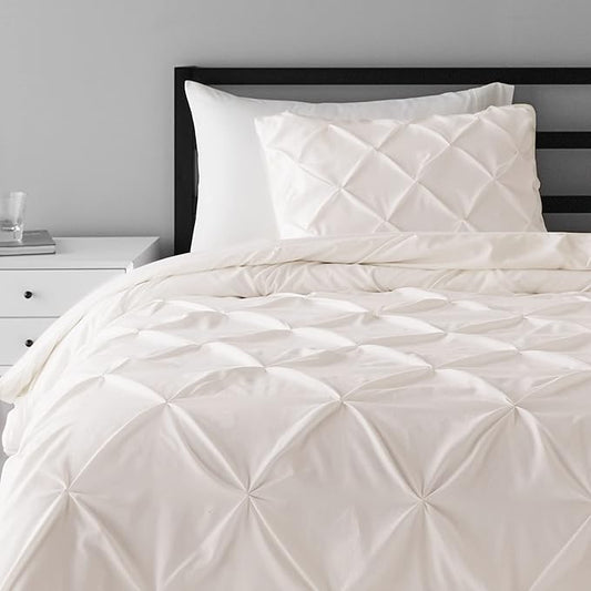 Amazon Basics 2 Piece Lightweight Pinch Pleat All-Season Down-Alternative Comforter Bedding Set, Twin/Twin XL, Cream, Solid