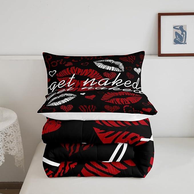 Feelyou Sexy Lips Comforter Funny Get Naked Comforter Set for Couple Lover Kiss Bedding Set White Red Woman Mouth Pattern Decor Duvet Set Room Decor Twin Size Quilt Set 2Pcs