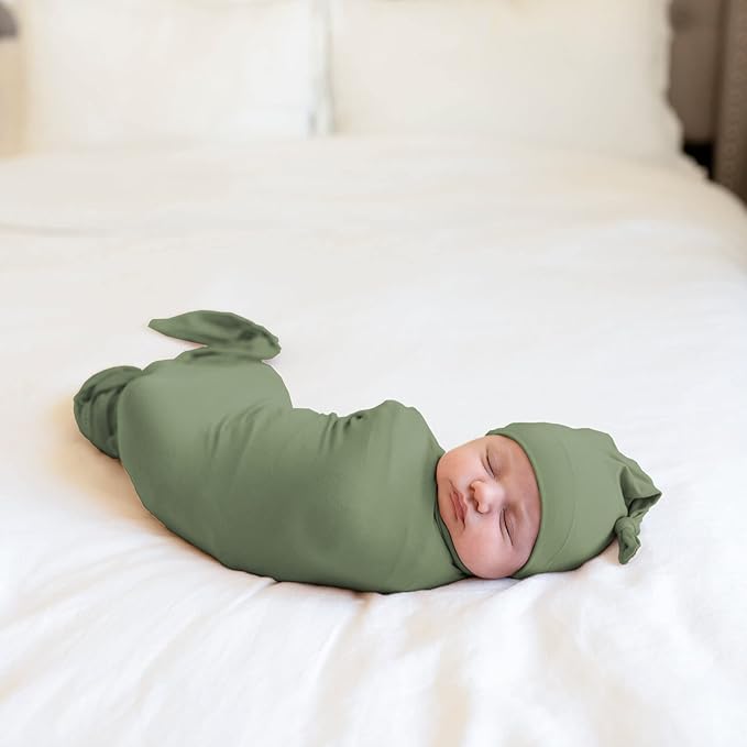 Large Jersey Knitted Swaddle Blanket for Baby, Soft Stretchy Receiving Blanket for Newborns with Hat, Baby Nursery Swaddle 47 x 47 inches(Sage)