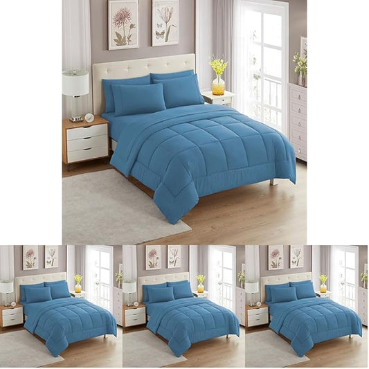 Sweet Home Collection 5 Piece Comforter Set Bag Solid Color All Season Soft Down Alternative Blanket & Luxurious Microfiber Bed Sheets, Denim, Twin (Pack of 4)