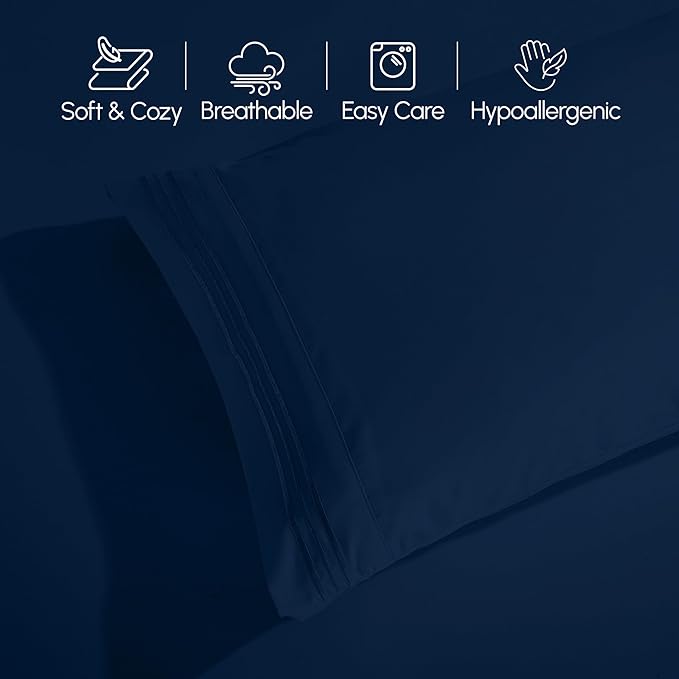 Elegant Comfort Luxurious 1500 Premium Hotel Quality Microfiber Three Line Embroidered Softest 5-Piece Bed Sheet Set, Wrinkle and Fade Resistant, Split King, Navy