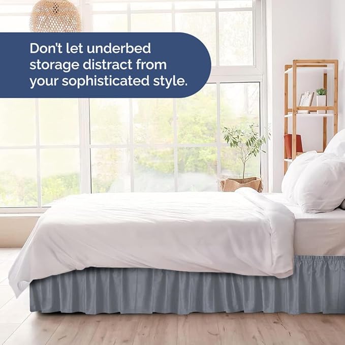 Wrap Around Dust Ruffle Bed Skirt - Steel Blue - for King Size Beds w/ 15 Inch Drop - Easy Fit Elastic Strap - Adjustable Pleated Bedskirt w/Brushed Fabric - Wrinkle Free, Women, Men, Kids & Teens