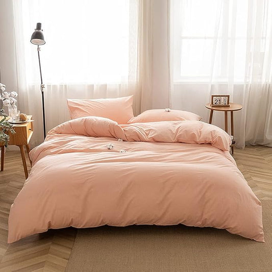 FACE TWO FACE Bedding Duvet Cover Set 3 Pieces 100% Washed Cotton Duvet Cover Linen Like Textured Breathable Durable Soft Comfy (California King, Pink)