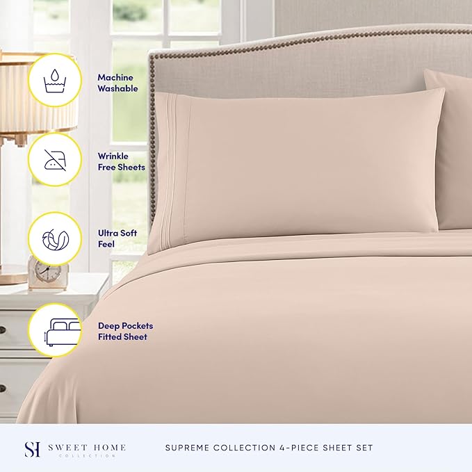 Full Size Sheet Sets - Breathable Luxury Sheets with Full Elastic & Secure Corner Straps Built In - 1800 Supreme Collection Extra Soft Deep Pocket Bedding Set, Sheet Set, Full, Beige