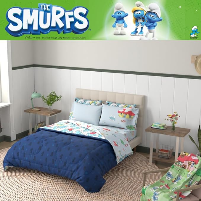 The Smurfs Kids Bedding Super Soft & Cozy Reverisble Microfiber Comforter and Sheet Set with Sham, 7 Piece Full Size, (Officially Licensed Product) by Franco